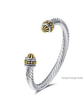 Twisted Cable Wire Cuff Bangle Bracelet Imitation Pearl Ends